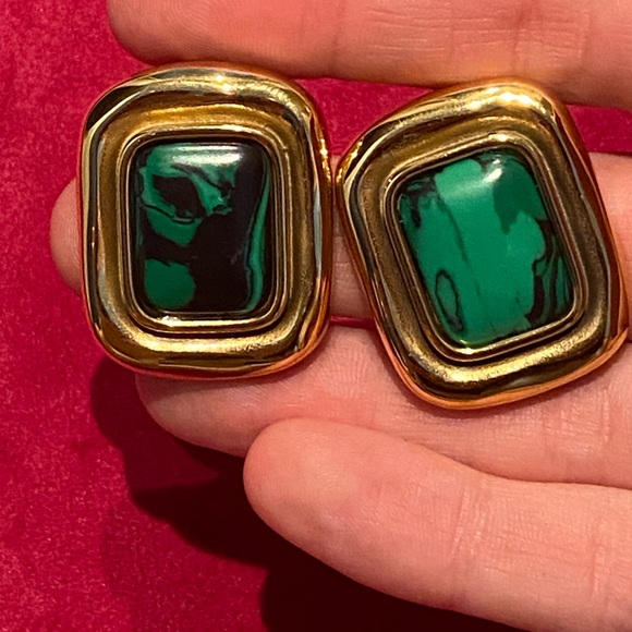 18k Gold Plated Malachite Post Earrings - Picture 2 of 3